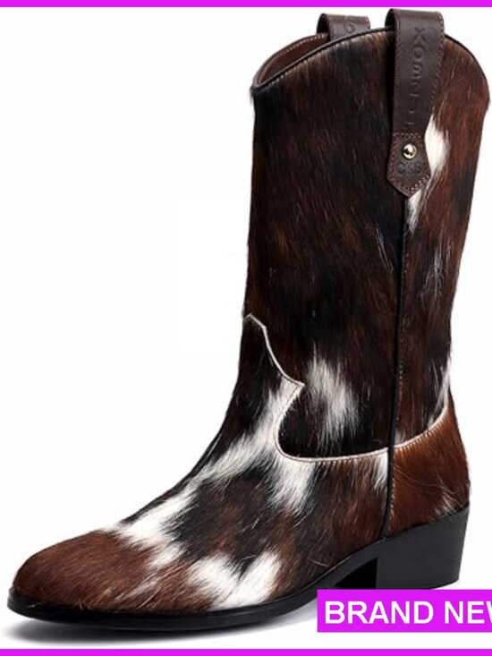 Shoes - Genuine Cowhide Leather Cowboy Boots Mid-Calf Western Pull-On Festival Fashion